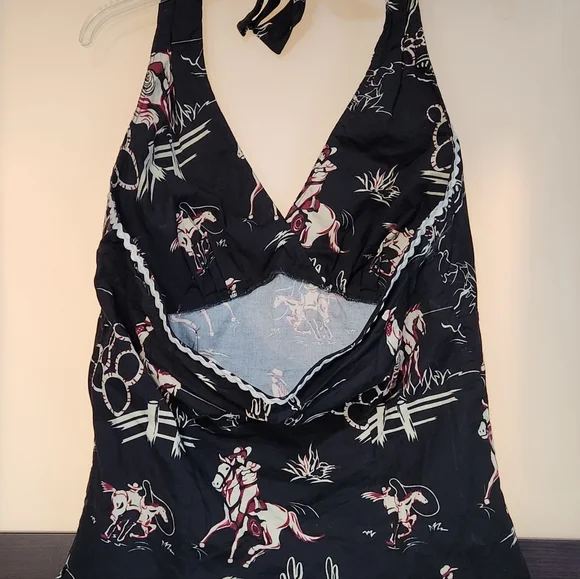 Pinup Couture Halter Top Rare Western Cowboy Print With Cute Ric Rac Trim 2x - Picture 5 of 9